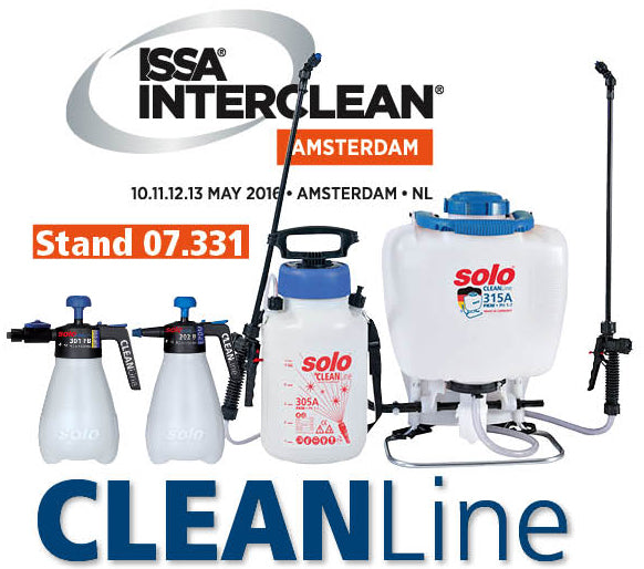 Werbebild für die Veranstaltung Issa Interclean Amsterdam mit Logos und Daten sowie einer Reihe einzelner Sprühgeräte für Reinigungsmittel und einem Rucksack-Sprühgerät.