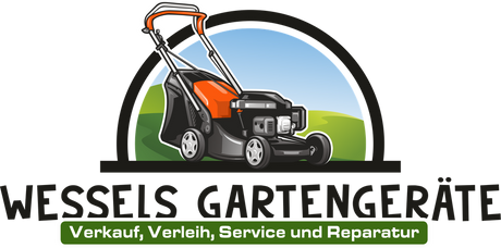 Logo von Wessels Gartengeräte mit der Grafik eines Rasenmähers auf Gras und darunter dem Firmennamen und den angebotenen Dienstleistungen (Verkauf, Verleih, Service und Reparatur).