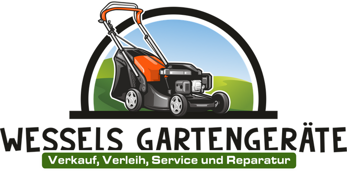 Logo von Wessels Gartengeräte mit der Grafik eines Rasenmähers auf Gras und darunter dem Firmennamen und den angebotenen Dienstleistungen (Verkauf, Verleih, Service und Reparatur).